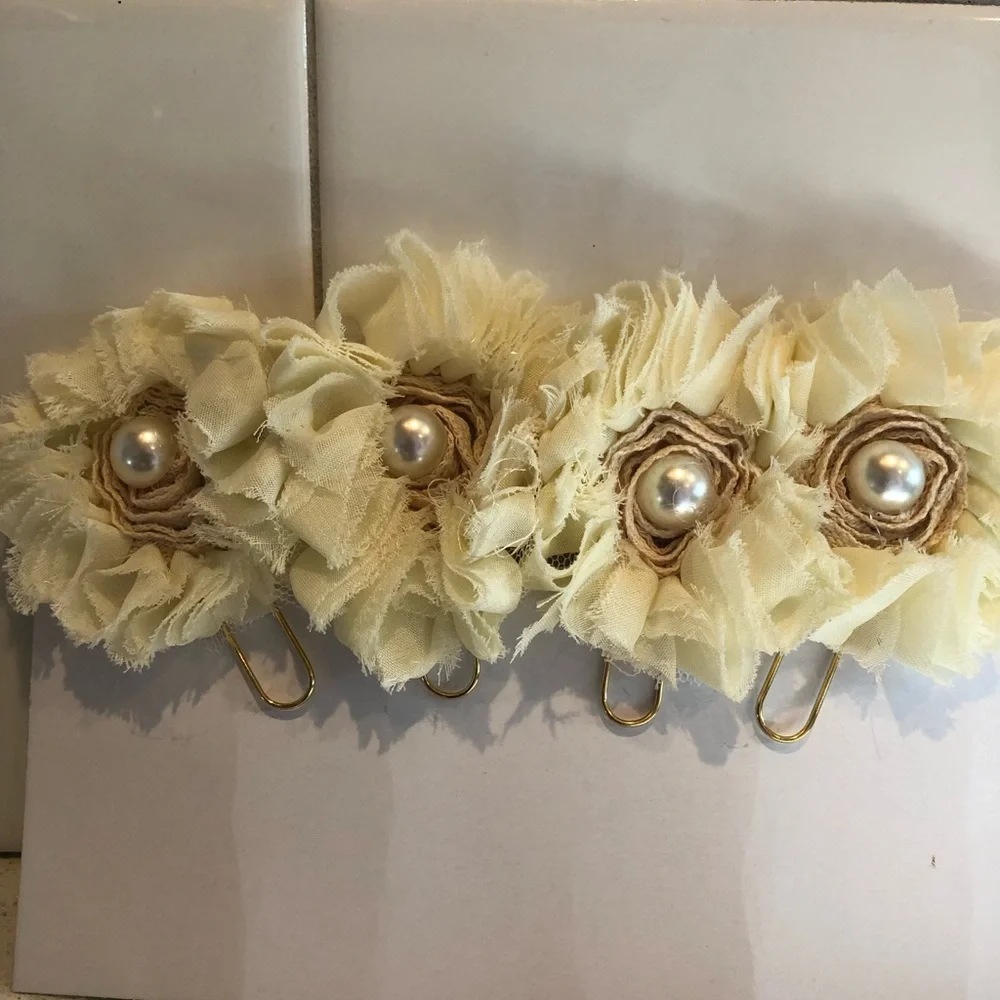 Handmade Cream Floral Pearl PaperClip Bookmarks - Set of 4